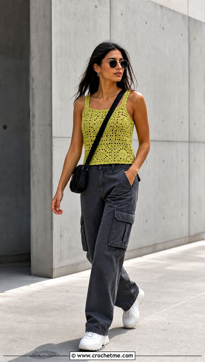 Solid Granny Square Tank Top With Cargo Pants - 25 Crochet Square Tank Top outfit ideas