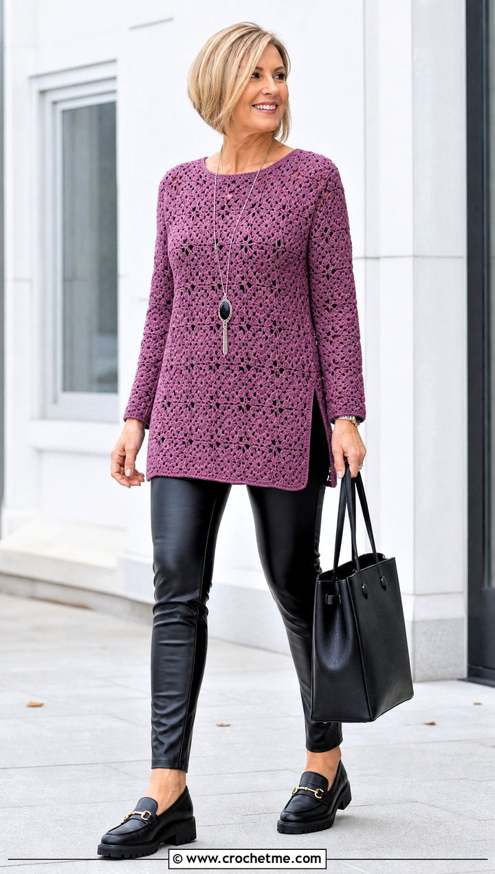 Solid Granny Square Tunic With Faux Leather Leggings - 35 Granny Square Outfit ideas