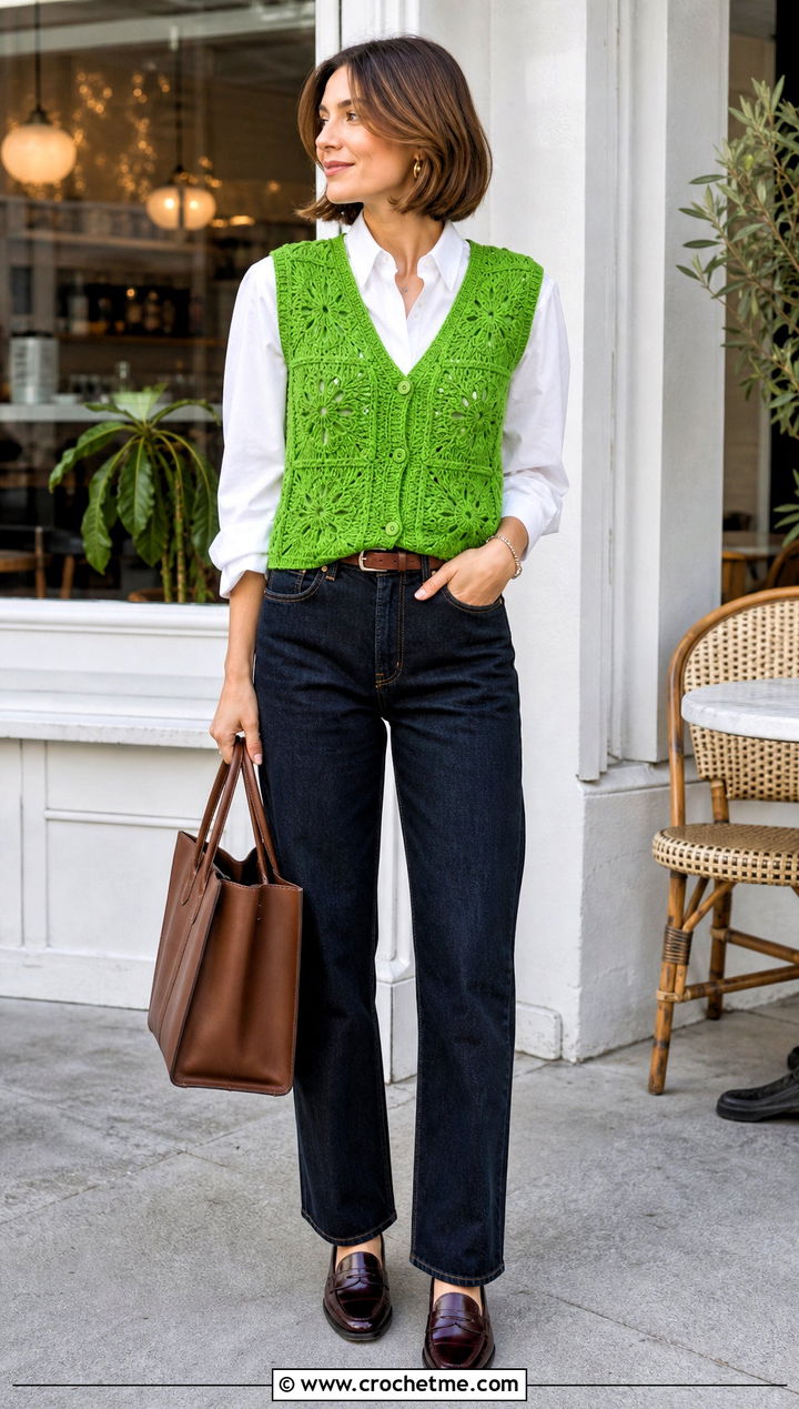 Solid Granny Square Vest With White Shirt And Jeans - 35 granny squares top outfit ideas