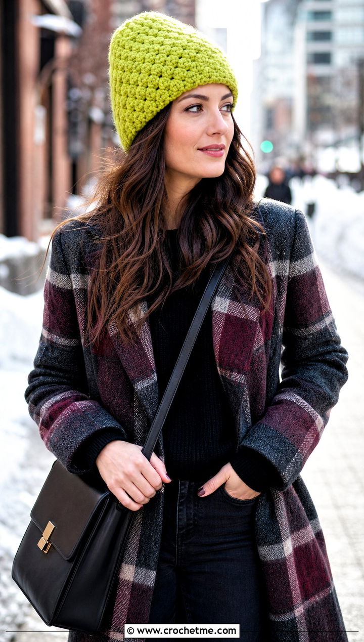 Solid Granny Stitch Beanie With Plaid Coat And Black Jeans - 30 crochet granny stitch hat outfit ideas