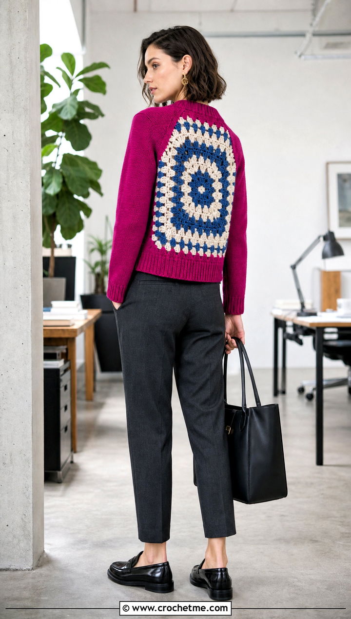 Solid Hexagon Cardigan With Granny Square Back And Pleated Pants - 20 Hexagon Cardigan With Granny Square Back outfit ideas