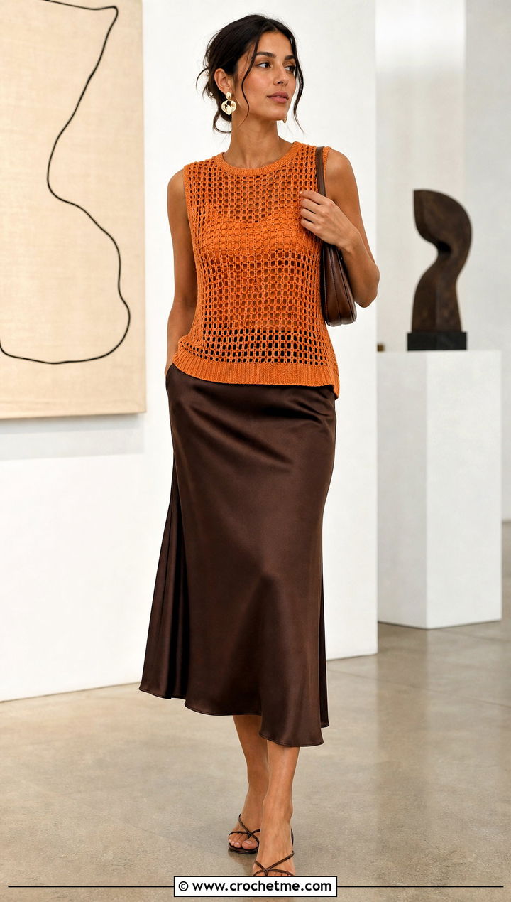 Solid Mesh Crochet Sweater Vest With Satin Slip Skirt - 25 easy crochet sweater vest outfit ideas