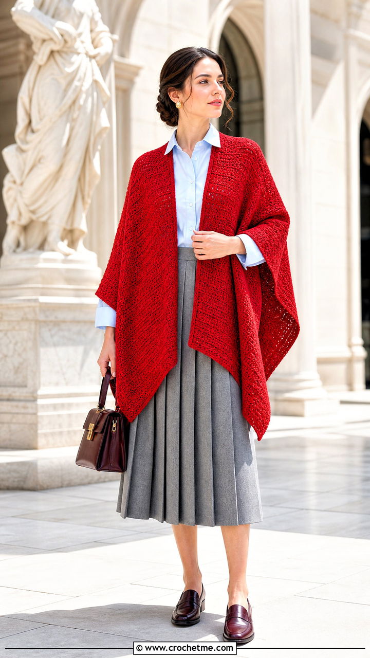 Solid Panel Crochet Ruana With Pleated Skirt - 35 crochet ruana outfit ideas