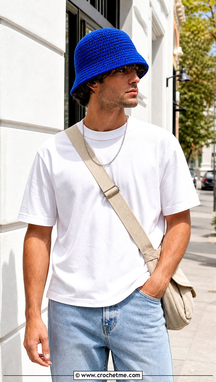 Solid Single Crochet Bucket Hat With White Tee And Jeans - 15 Crochet Mens Bucket Hat outfit ideas