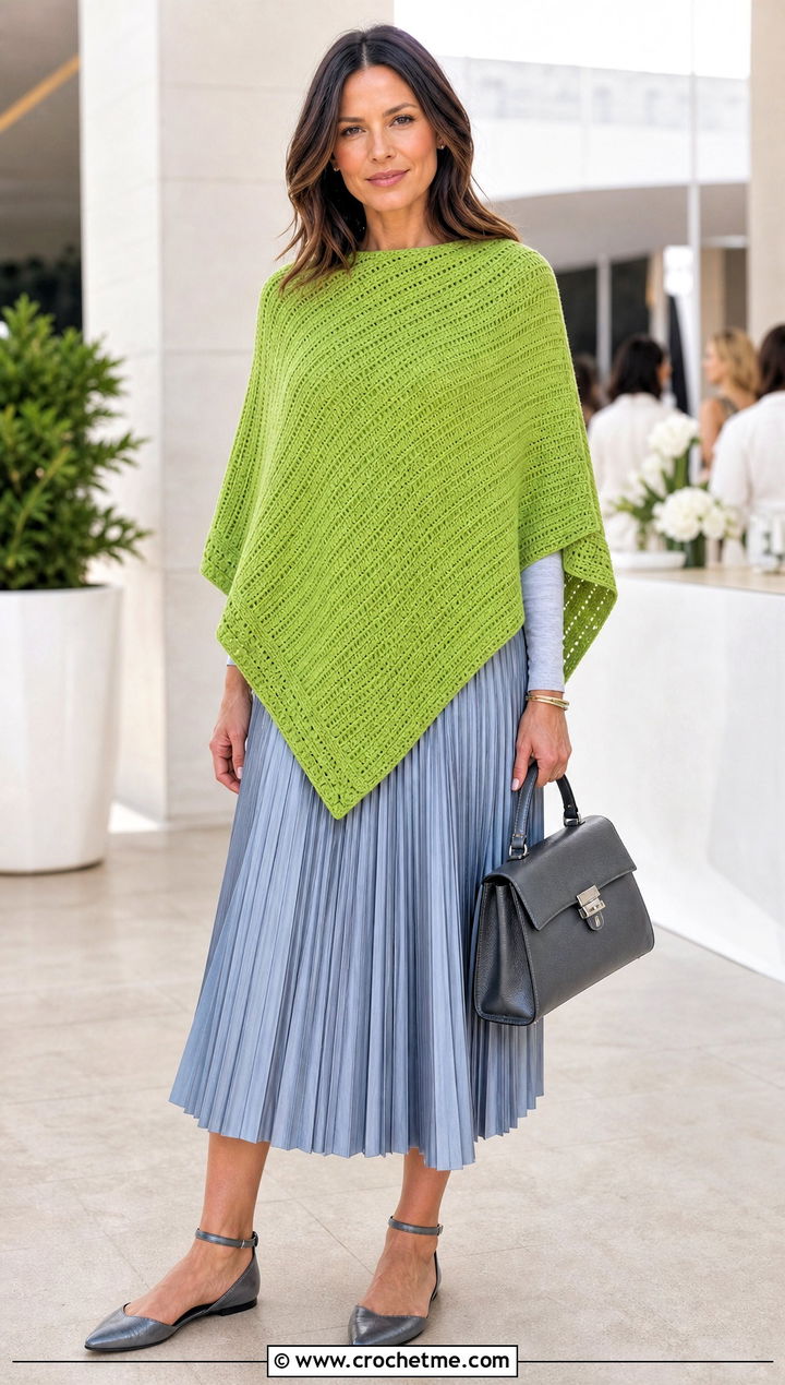 Solid Square Poncho With Pleated Midi Skirt - 30 crochet square poncho outfit ideas