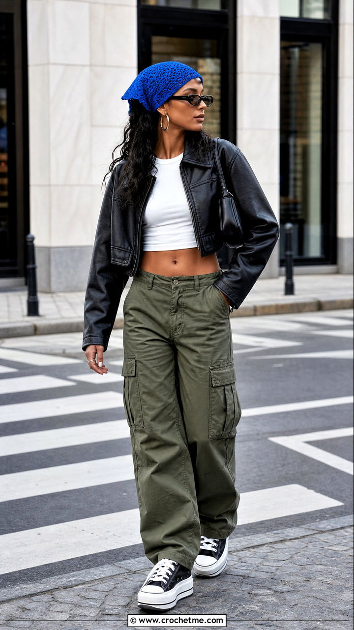 Solid Stitch Bandana Head Scarf With Leather Jacket And Cargo Pants - 35 crochet head scarf outfit ideas