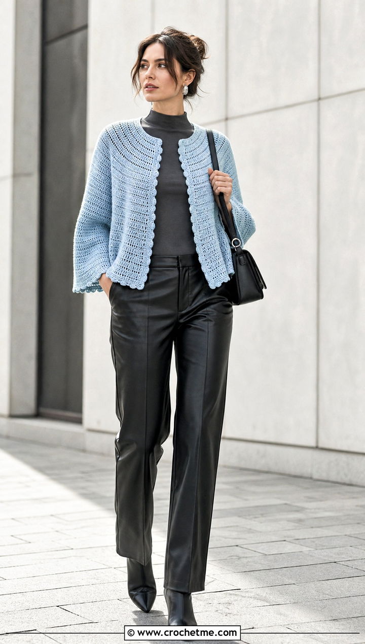 Solid Stitch Circle Cardigan With Leather Pants - 30 crochet circle cardigan outfit ideas
