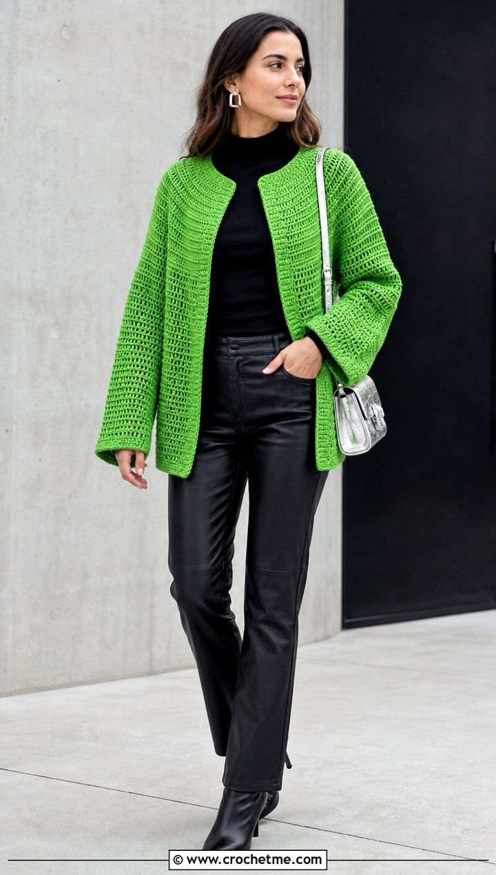 Solid Stitch Circle Crochet Cardigan With Leather Pants - 25 circle crochet cardigan outfit ideas