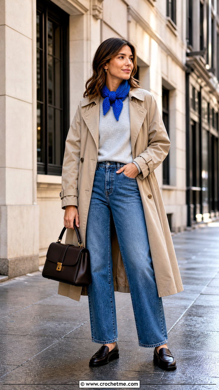 Solid Stitch Crochet Bandana Scarf With Trench Coat - 35 crochet bandana scarf outfit ideas