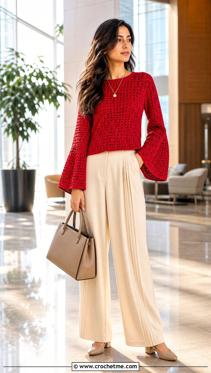Solid Stitch Crochet Bell Sleeve Top With Pleated Trousers - 30 crochet top with bell sleeves outfit ideas