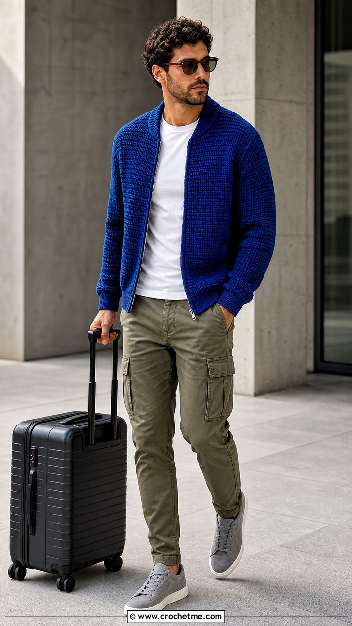 Solid Stitch Crochet Bomber Jacket With Cargo Pants - 35 crochet jacket for men outfit ideas