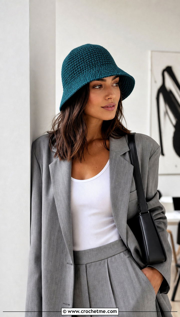 Solid Stitch Crochet Bucket Hat With Blazer And Trousers - 25 fast crochet hat outfit ideas