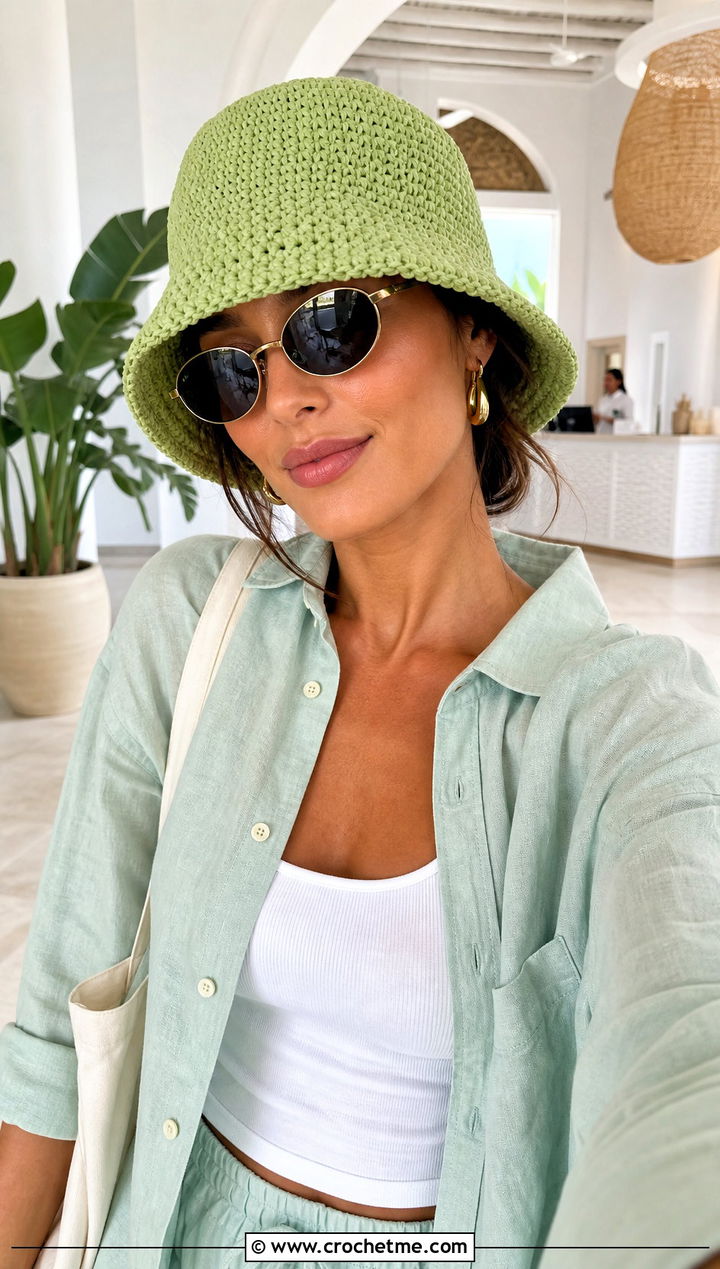 Solid Stitch Crochet Bucket Hat With Monochrome Linen Set - 30 summer crochet bucket hat outfit ideas