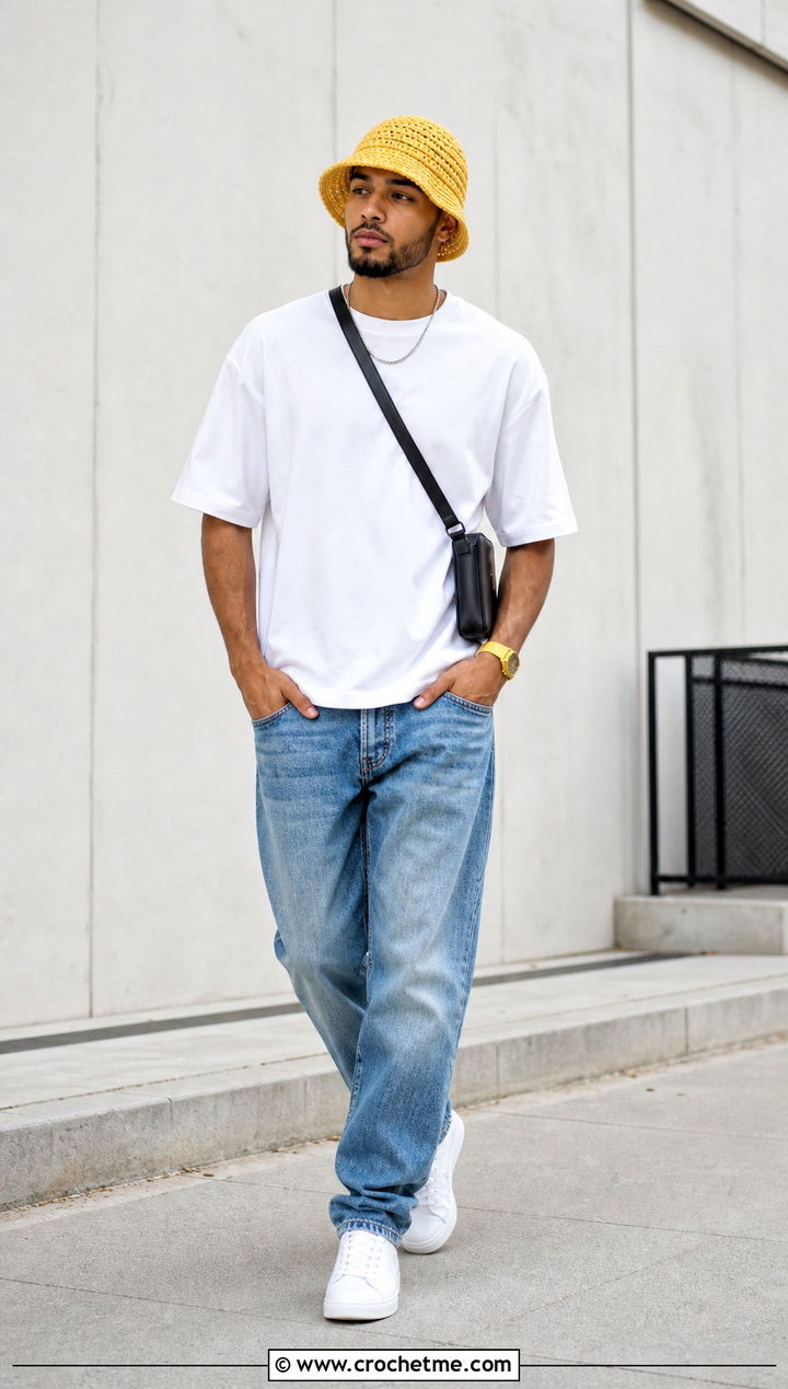 Solid Stitch Crochet Bucket Hat With White T Shirt And Jeans - 35 men crochet bucket hat outfit ideas
