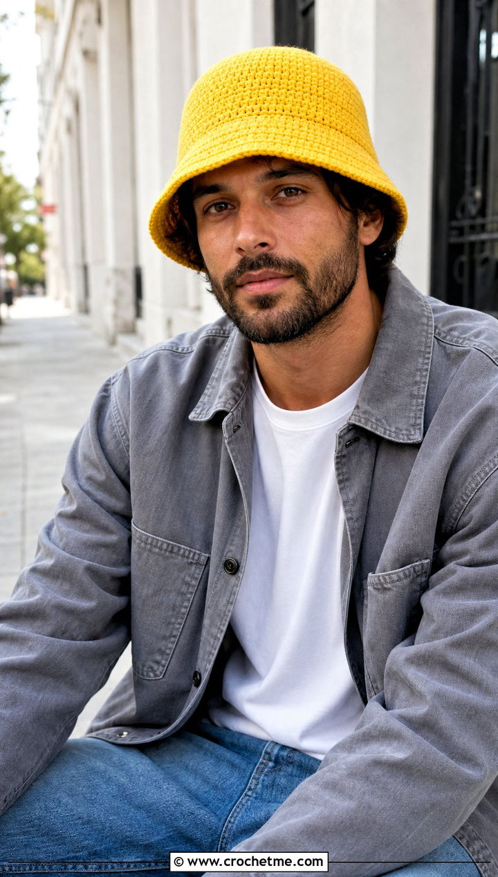 Solid Stitch Crochet Bucket Hat With White Tee And Jeans - 30 crochet bucket hat men outfit ideas