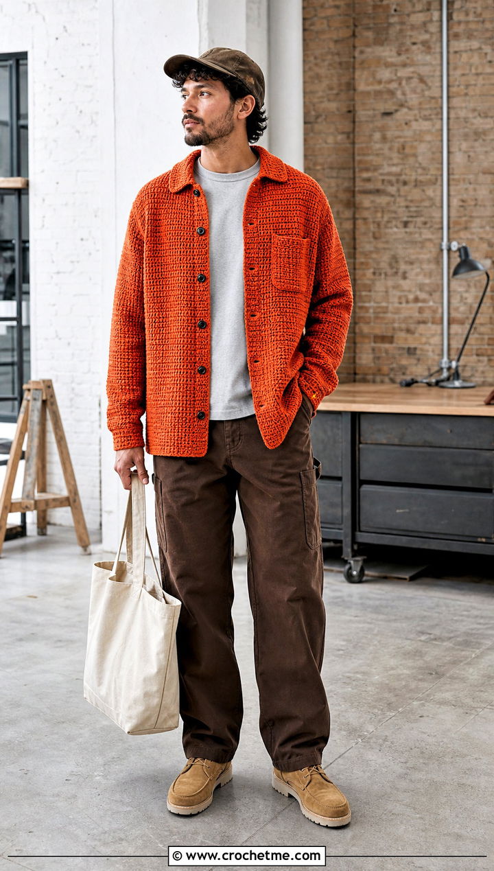 Solid Stitch Crochet Button Down With Workwear Pants - 15 Mens Crochet Collared Shirt outfit ideas