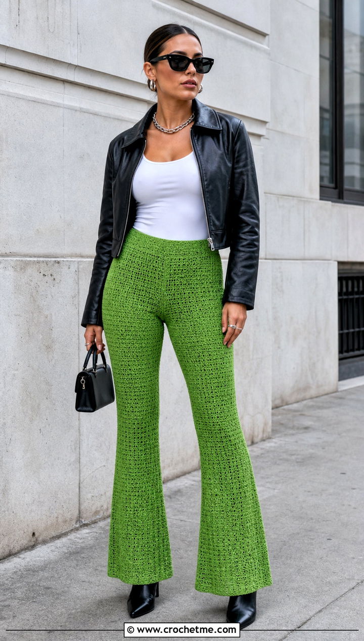 Solid Stitch Crochet Flare Pants With Leather Jacket - 25 crochet flair pants outfit ideas
