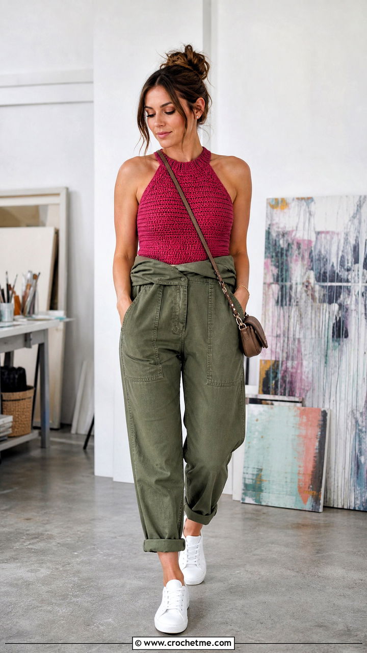 Solid Stitch Crochet Halter With Utility Jumpsuit - 35 crochet halter outfit ideas