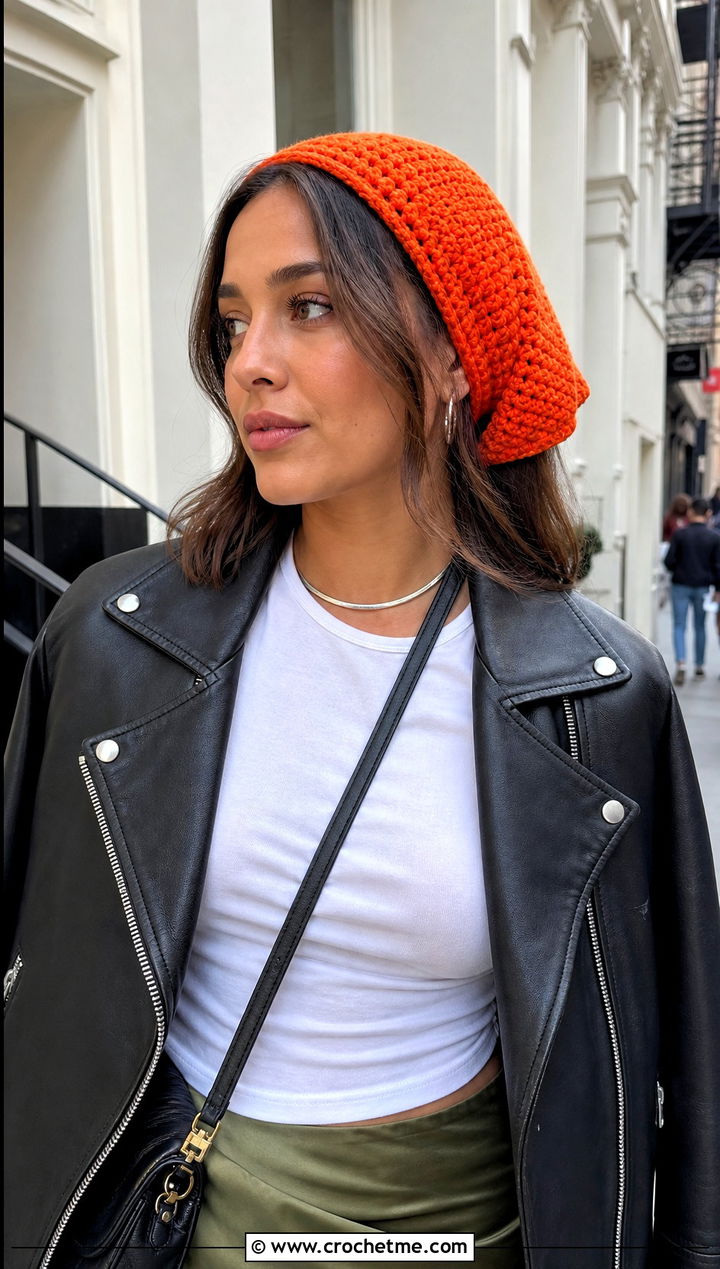 Solid Stitch Crochet Head Scarf With Moto Jacket and Slip Skirt - 25 Crochet Boho Head Scarf outfit ideas