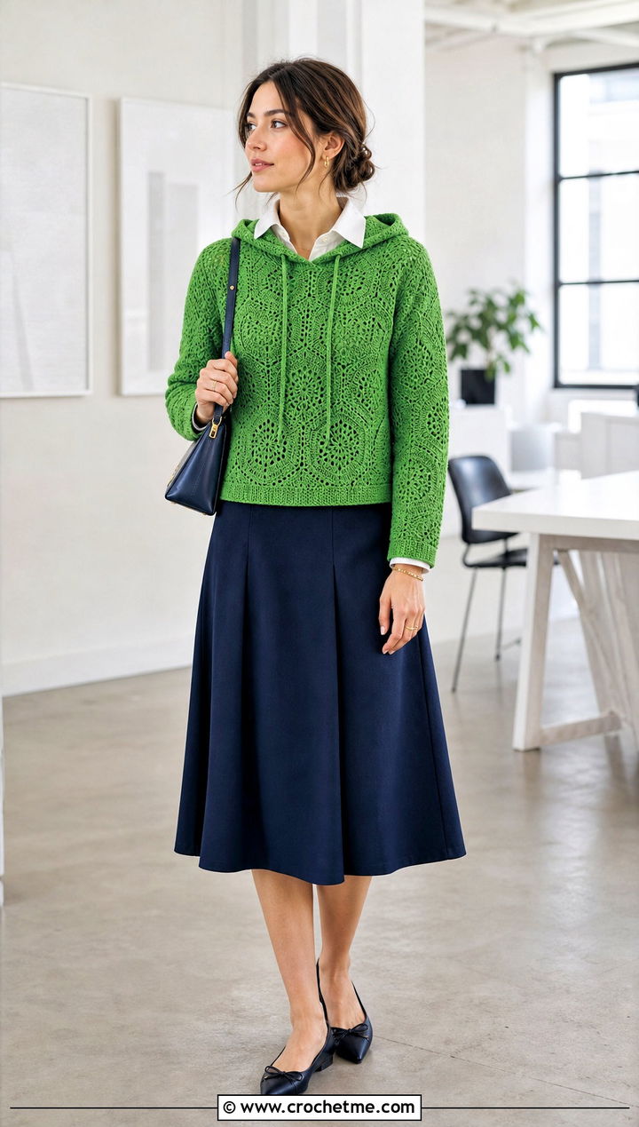 Solid Stitch Crochet Hexagon Hoodie With Midi Skirt - 30 crochet hexagon hoodie outfit ideas