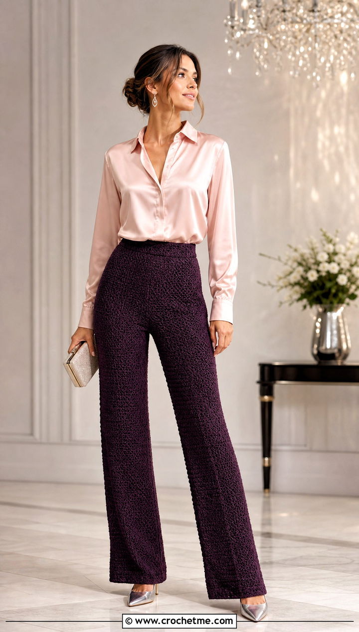Solid Stitch Crochet Long Pants With Satin Blouse - 30 Crochet Long Pants outfit ideas