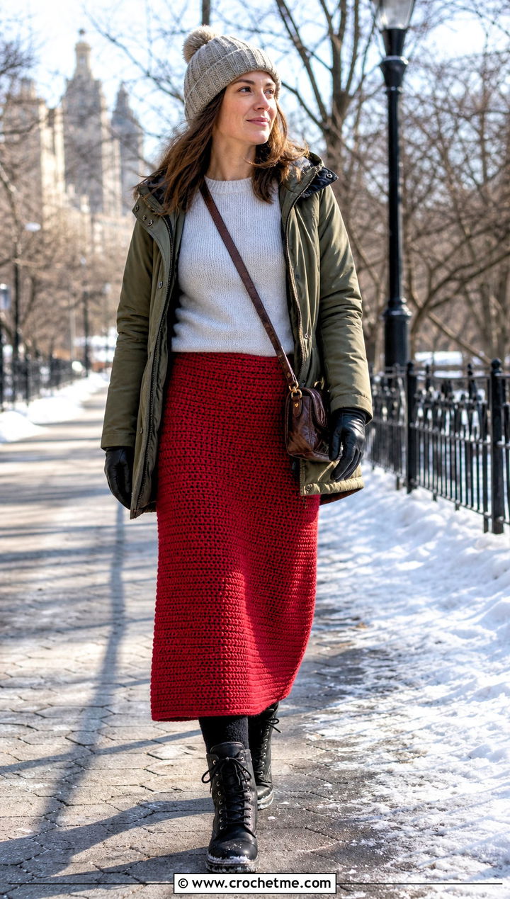 Solid Stitch Crochet Maxi Skirt With Parka - 35 crochet winter skirt outfit ideas