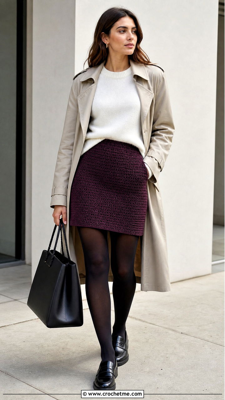 Solid Stitch Crochet Mini Skirt With Trench Coat - 35 crochet mini skirt outfit ideas