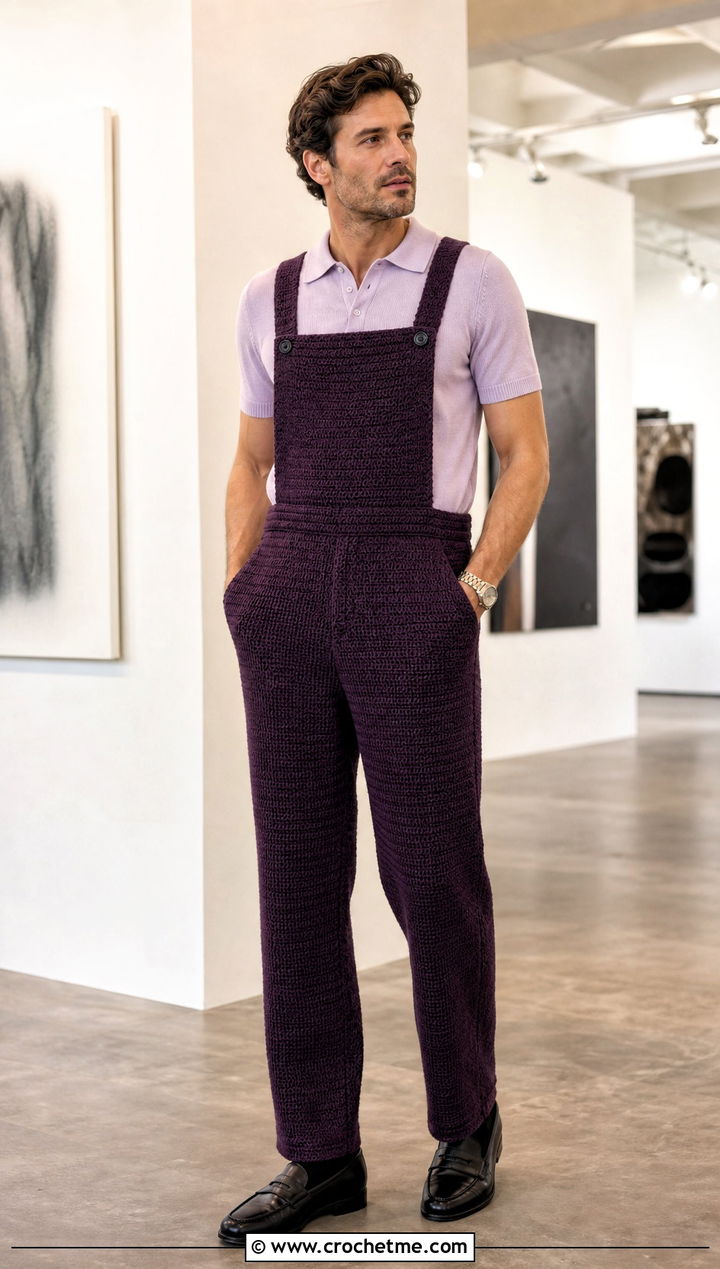 Solid Stitch Crochet Overalls With Knit Polo - 15 crochet overalls men outfit ideas
