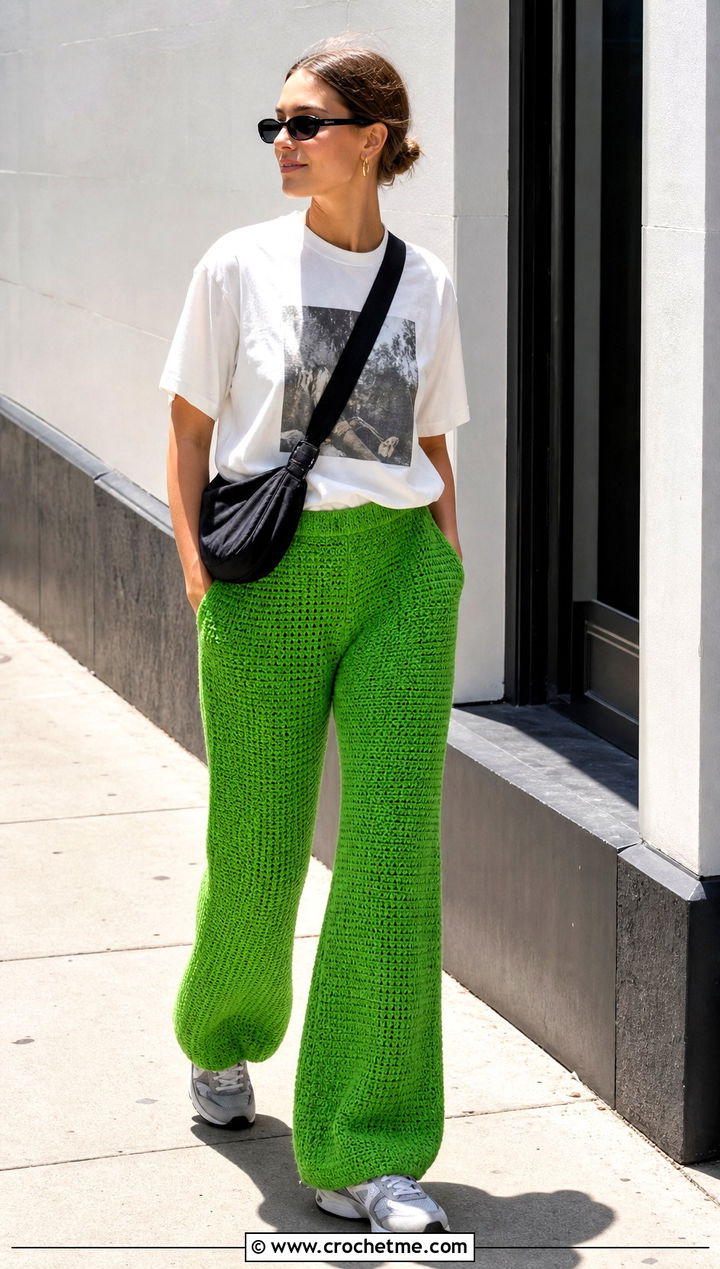 Solid Stitch Crochet Palazzo Pants With Graphic T Shirt - 30 crochet palazzo pants outfit ideas