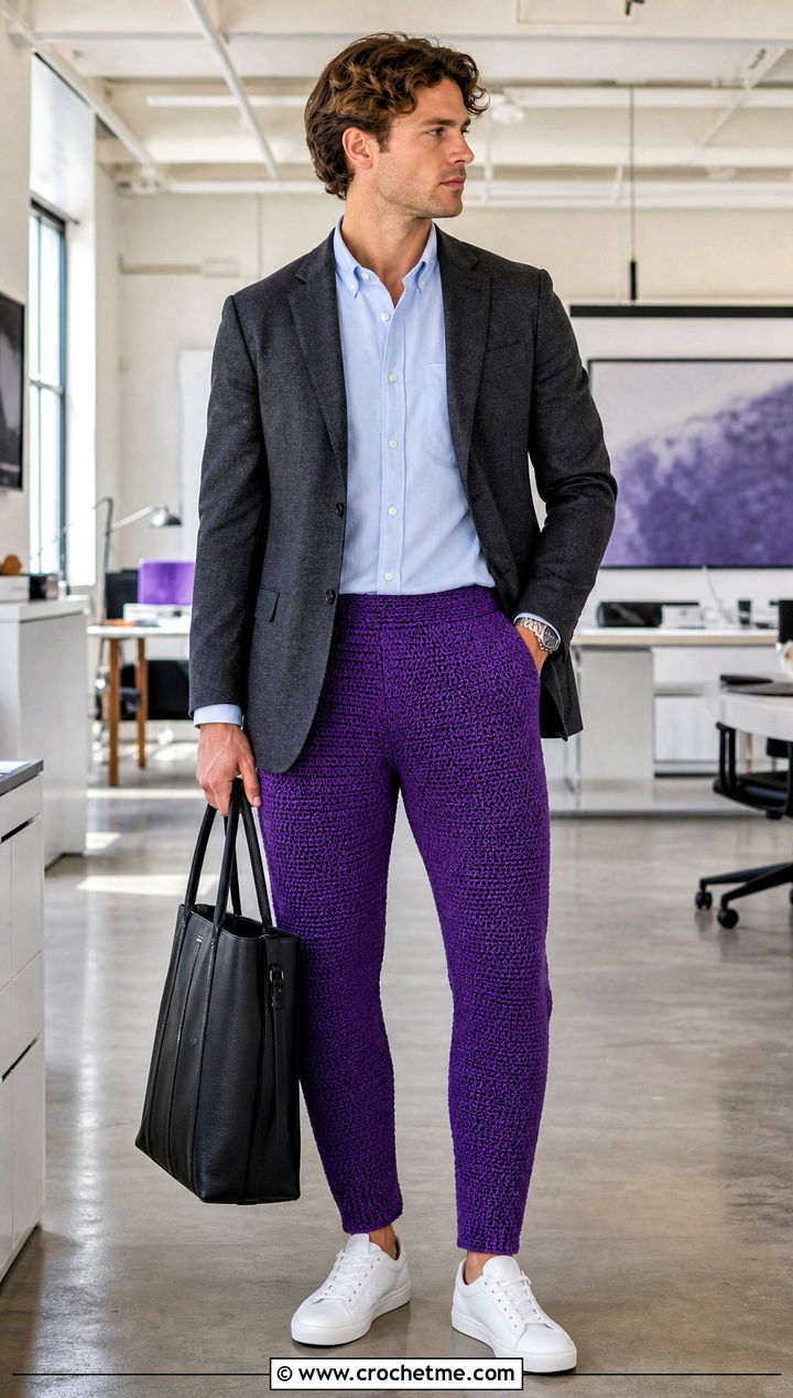 Solid Stitch Crochet Pants With Oxford Shirt - 30 mens crochet pants outfit ideas