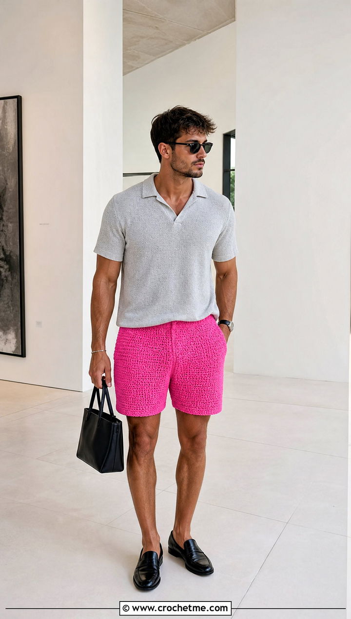 Solid Stitch Crochet Shorts With Polo Shirt - 25 Crochet Shorts Mens outfit ideas