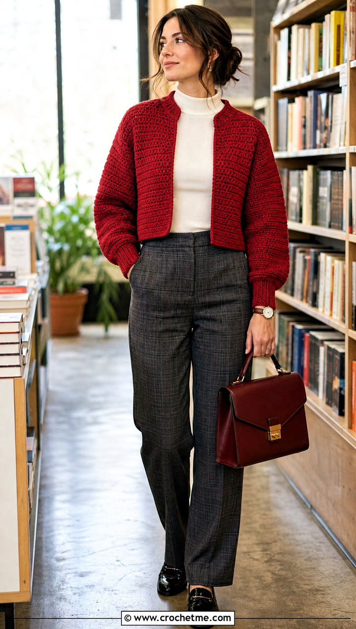 Solid Stitch Crochet Shrug With Plaid Trousers - 25 Crochet Shrug Sleeves outfit ideas