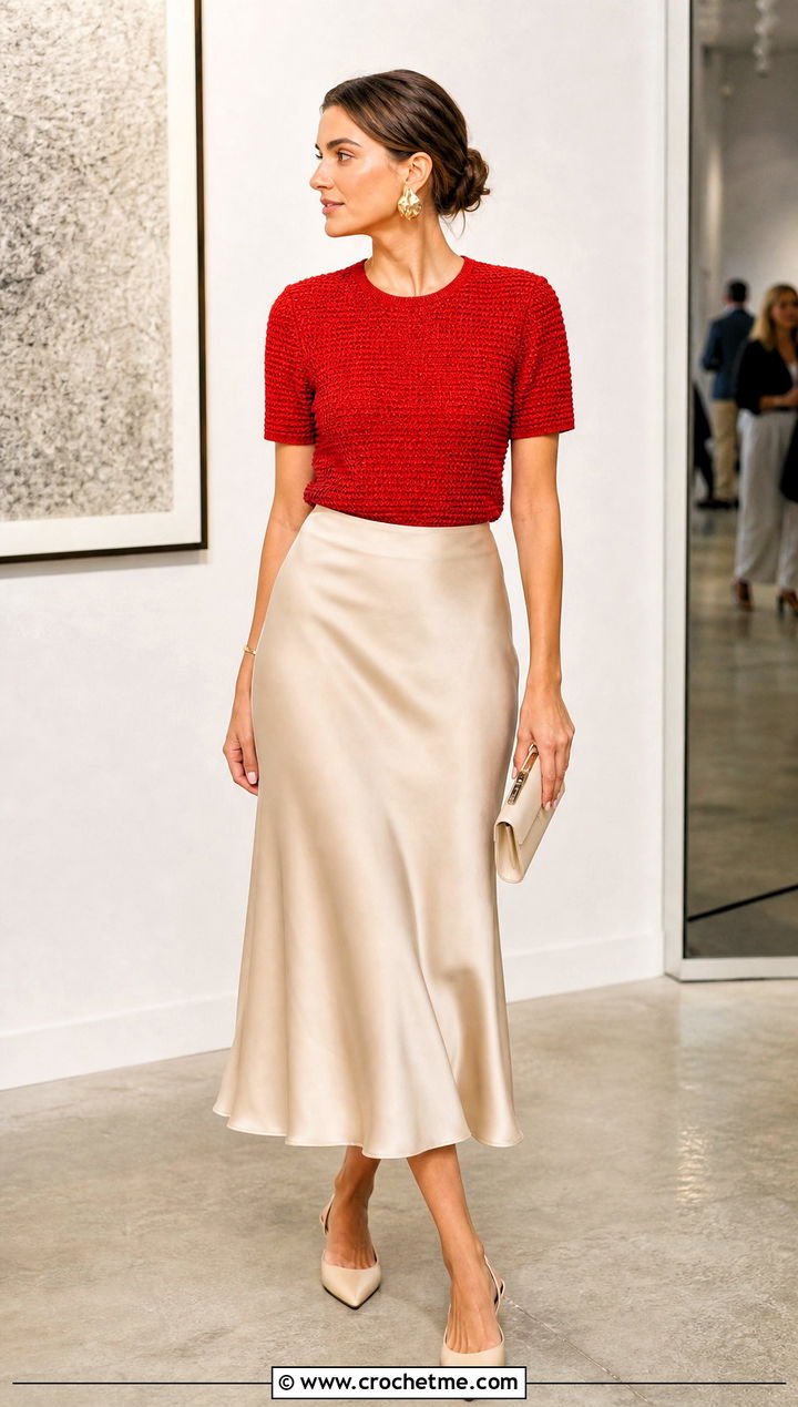 Solid Stitch Crochet T Shirt With Satin Midi Skirt - 30 crochet t shirts outfit ideas