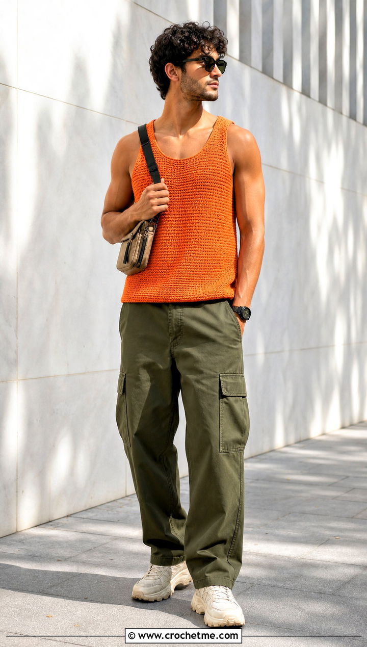 Solid Stitch Crochet Tank Top With Cargo Pants - 25 crochet mens tank top outfit ideas