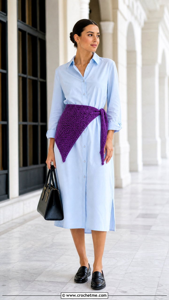 Solid Stitch Crochet Triangle Belt Scarf With Shirt Dress - 35 crochet triangle scarf outfit ideas