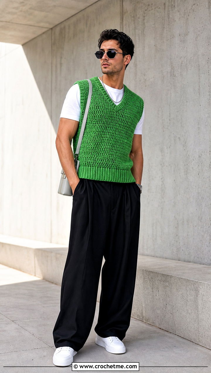 Solid Stitch Crochet Vest With Wide Leg Trousers And Sneakers - 30 mens crochet vest outfit ideas