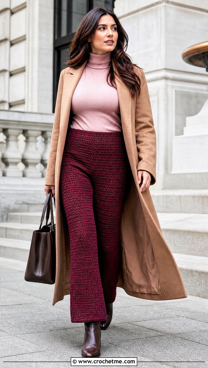 Solid Stitch Crochet Yoga Pants With Turtleneck And Wool Coat - 15 Crochet Yoga Pants outfit ideas