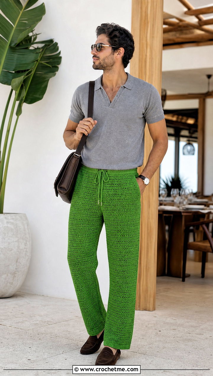 Solid Stitch Drawstring Crochet Pants With Knit Polo - 15 crochet men pants outfit ideas