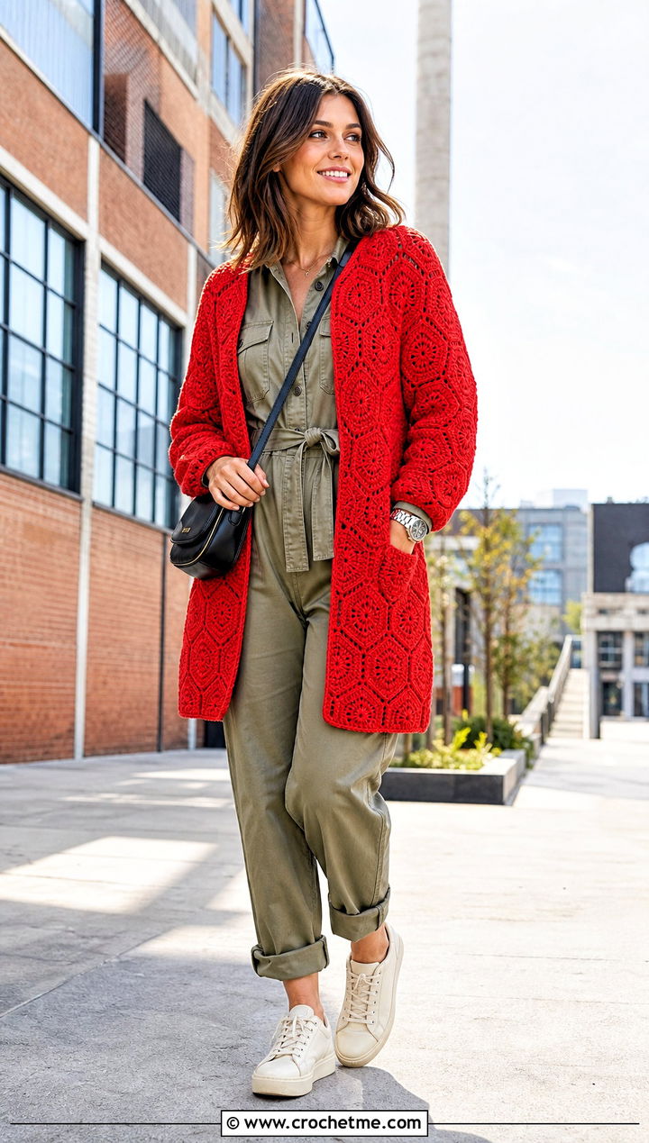 Solid Stitch Hex Crochet Cardigan With Utility Jumpsuit - 35 hex crochet cardigan outfit ideas