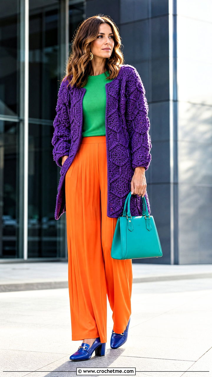 Solid Stitch Hexagon Cardigan With Pleated Trousers - 35 crochet hexagon cardigan outfit ideas