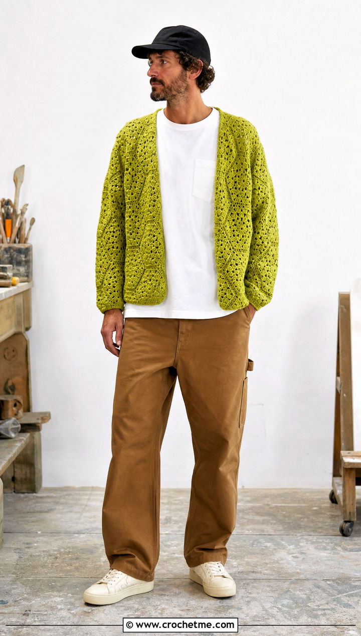 Solid Stitch Hexagon Crochet Cardigan With Workwear Pants - 35 men hexagon crochet cardigan outfit ideas