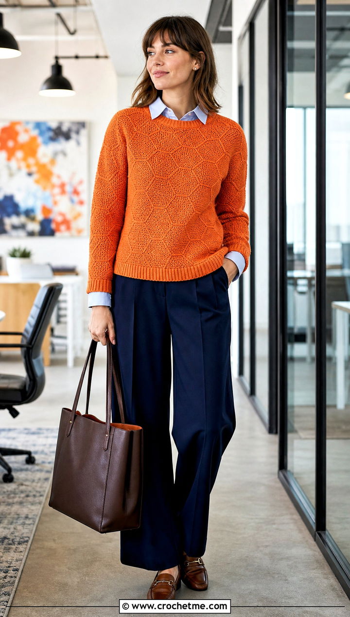 Solid Stitch Hexagon Jumper With Tailored Work Pants - 30 crochet hexagon jumper outfit ideas