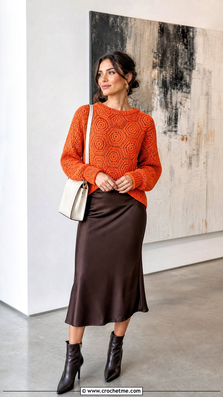 Solid Stitch Hexagon Pullover With Satin Midi Skirt - 35 crochet hexagon sweater outfit ideas