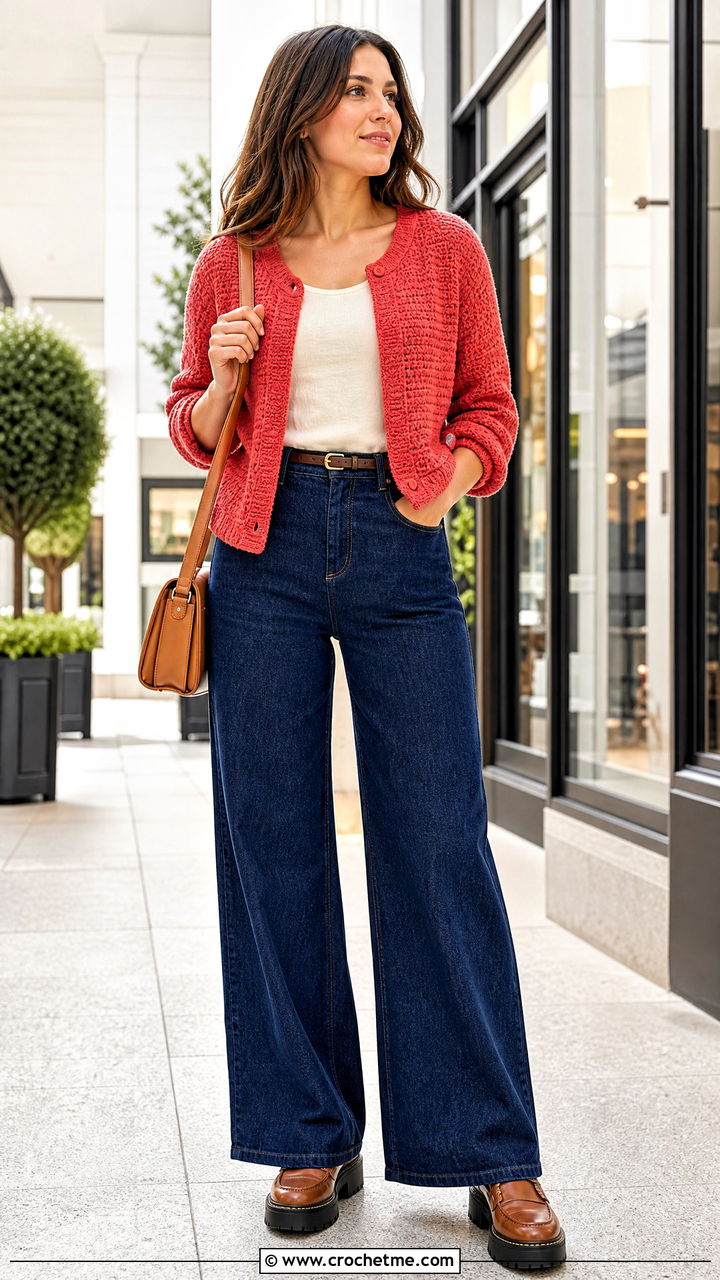 Solid Stitch Hexi Cardi With Wide Leg Jeans - 35 crochet hexi cardi outfit ideas