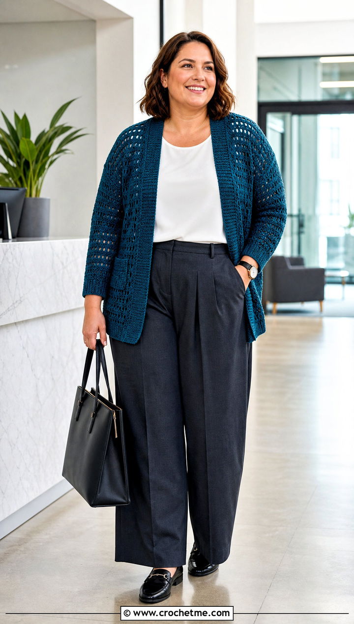 Solid Stitch Hexi Cardigan With Tailored Trousers - 35 crochet hexi cardigan outfit ideas