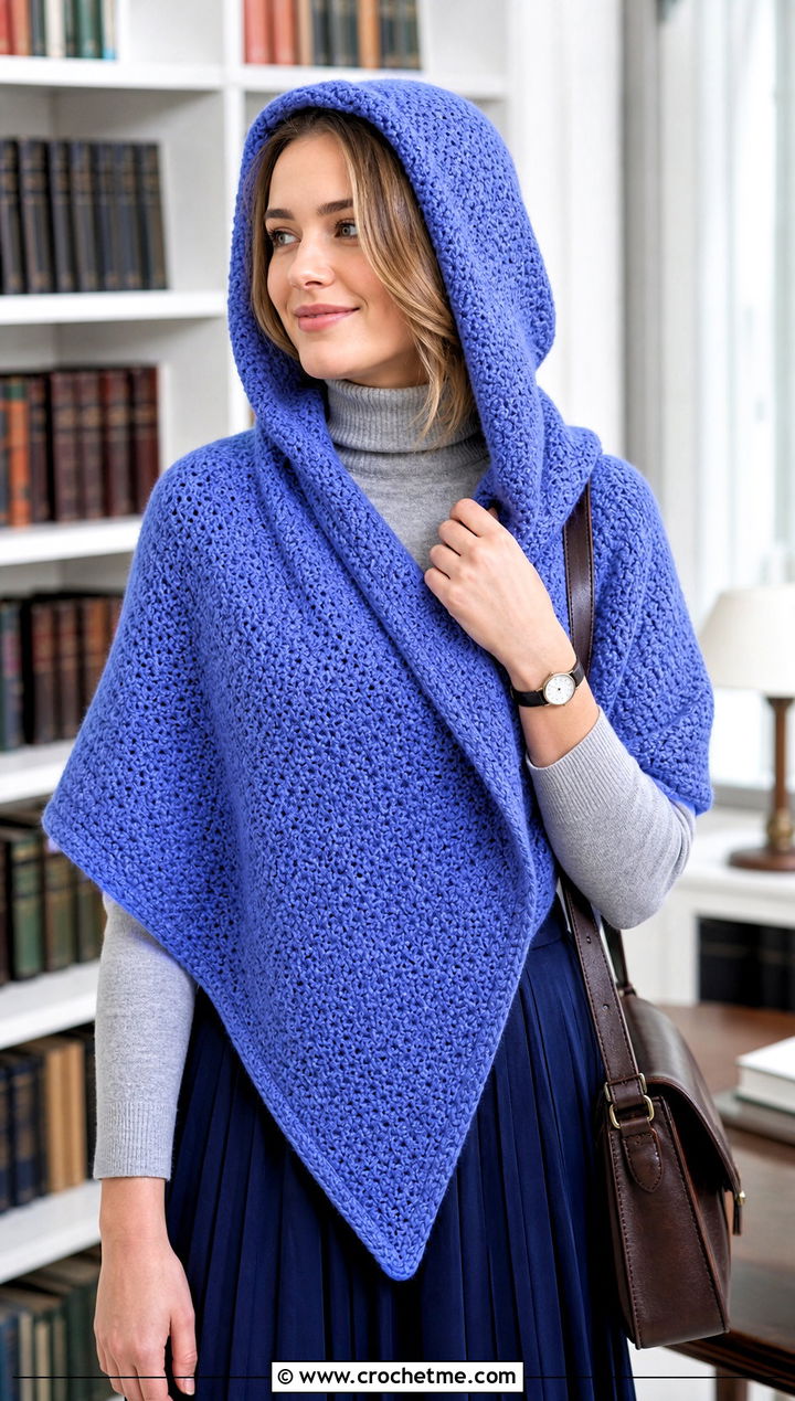 Solid Stitch Hooded Triangle Crochet Shawl With Pleated Midi Skirt - 25 Hooded Triangle Crochet Shawl outfit ideas