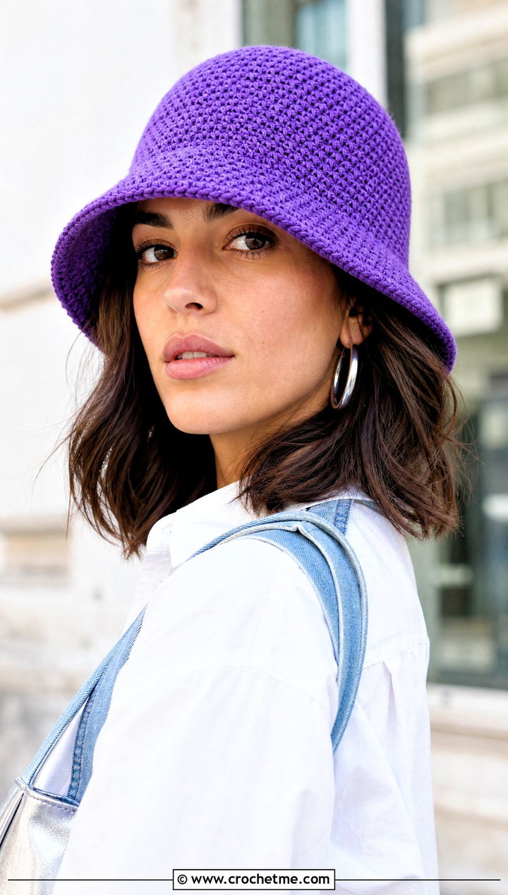 Solid Stitch Purple Crochet Bucket Hat With White Shirt And Jeans - 30 purple crochet bucket hat outfit ideas