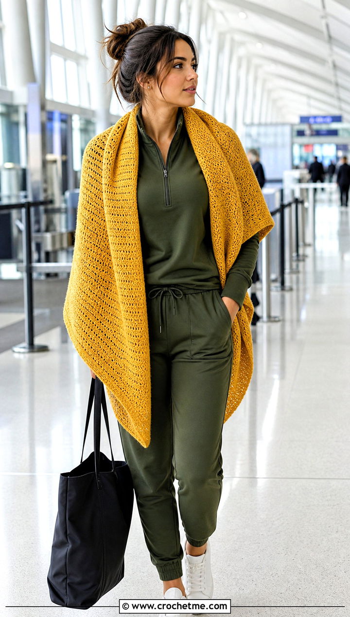 Solid Stitch Rectangular Crochet Shawl With Athleisure Set - 30 rectangular crochet shawls outfit ideas