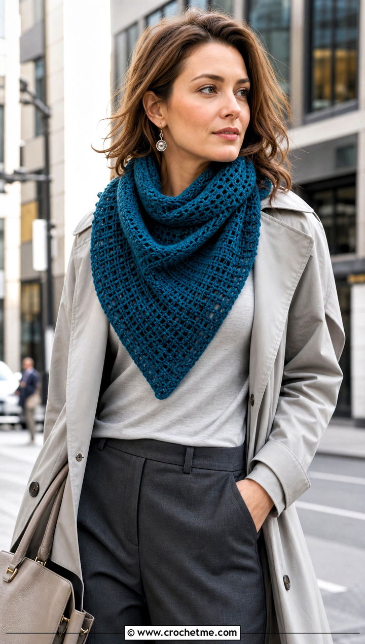 Solid Stitch Triangle Crochet Shawl With Trench Coat And Trousers - 30 easy triangle crochet shawl outfit ideas