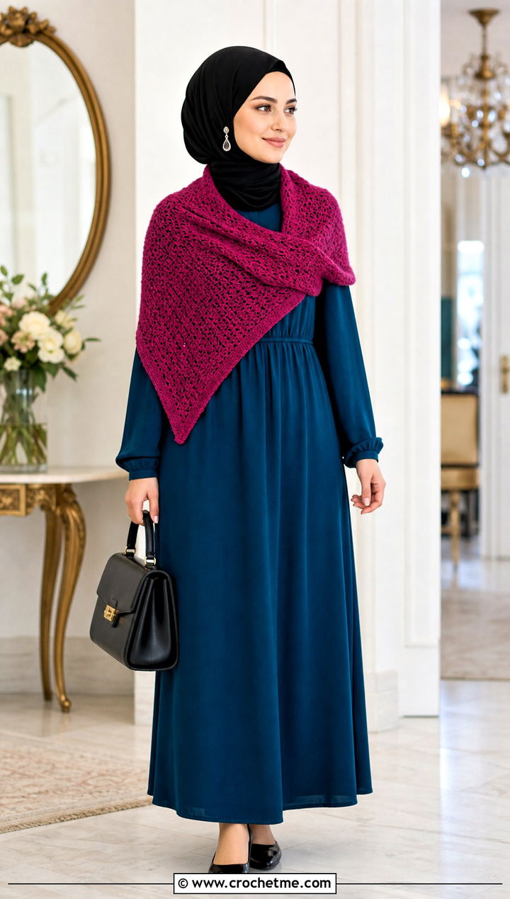 Solid Stitch Triangle Shawl With Modest Maxi Dress - 35 Easy Simple Crochet Triangle Shawl outfit ideas